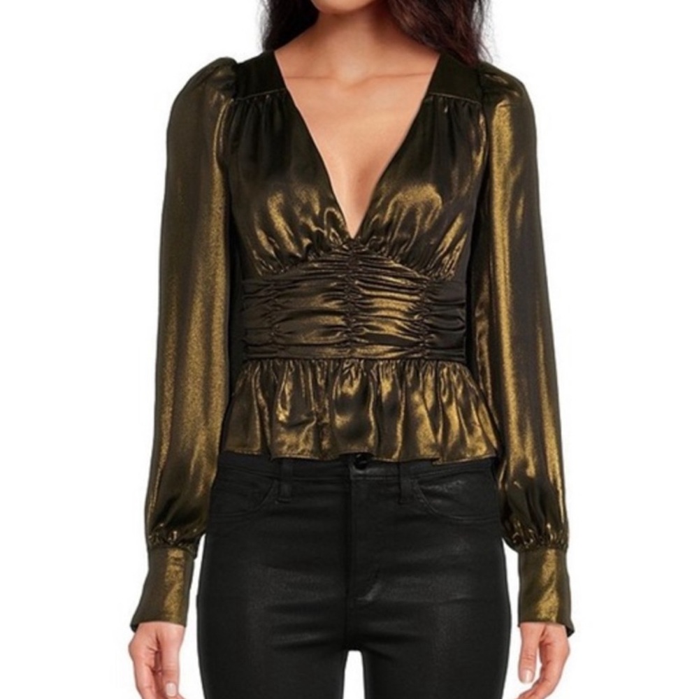 WAYF Plunge V-neck Long Blouson Sleeve Hem Peplum Top Antique Bras Women’s L NEW